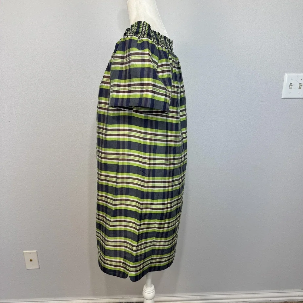 J.Crew Dress Women's Size 2 Green Plaid Off Shoulder Yarn Dyed Silk Shift - Picture 8 of 16